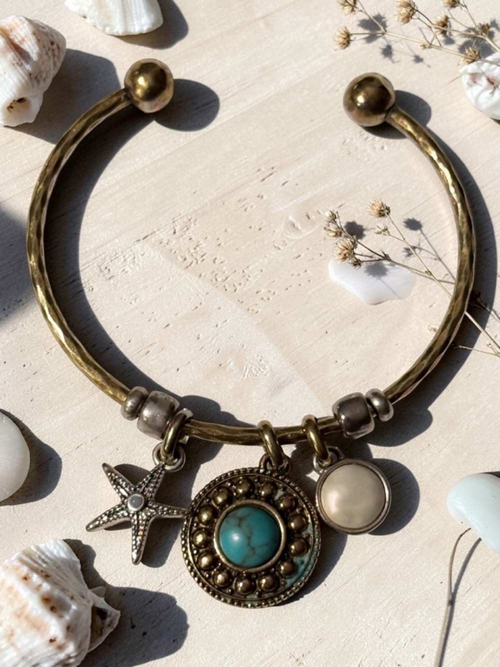 Lucky Brand Boho Brass Charm Cuff Bracelet with Faux Turquoise & Pearl Accents